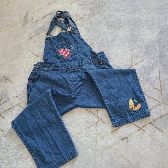 Vintage Mandal Bay Denim Overalls Womens L Hot Dog Embroidered Romper Cropped - Picture 8 of 11